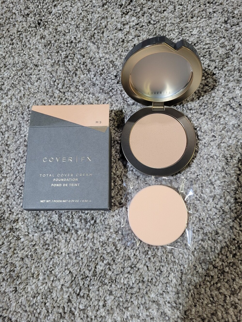 Cover FX Shade M3 Total Cover Cream Foundation + Sponge .29 Oz Makeup NEW